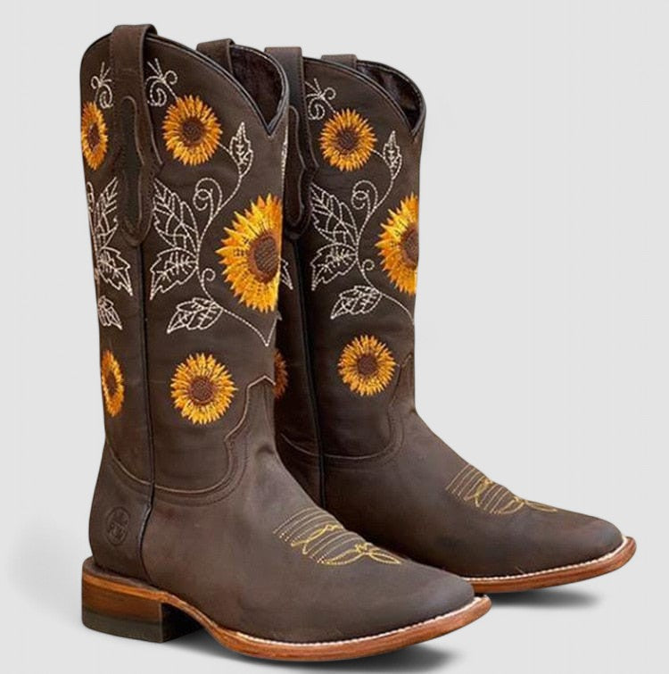 Floral-Botines Bordados Estilo Western Savannah